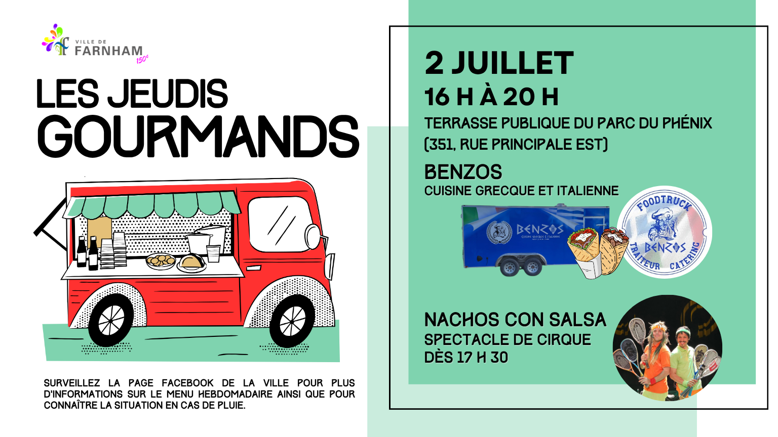 Poster for Les Jeudis Gourmands with a red food truck illustration on the left and a mint-green information panel on the right.