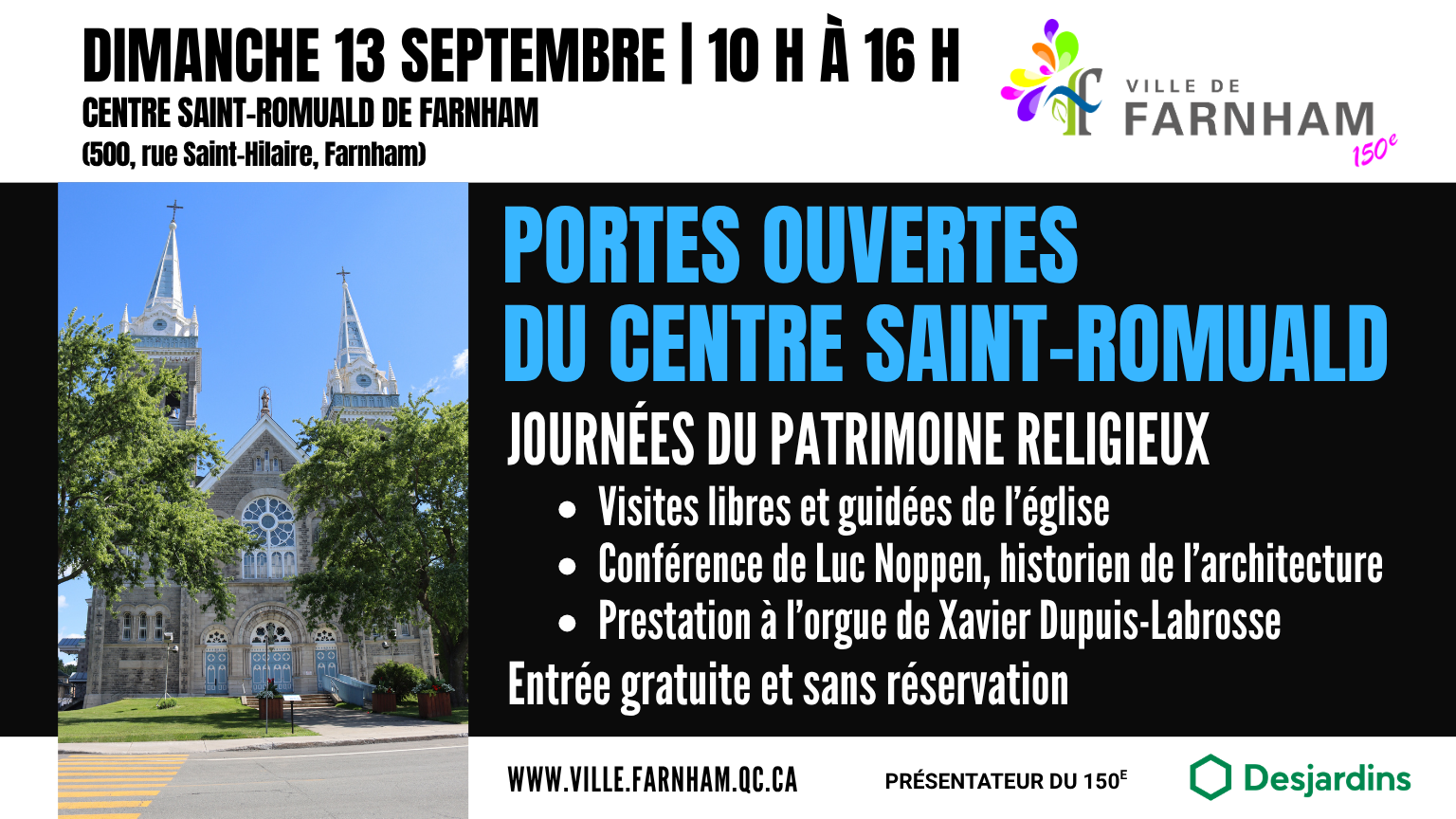 Poster announcing an open house for Centre Saint-Romuald in Farnham: Sunday, September 13, 10:00–16:00, with tours, talks, and activities; left shows the church facade, right lists program details in French.
