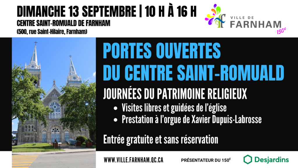 Affiche publicitaire en français annonçant des Portes Ouvertes au Centre Saint-Romuald de Farnham: journées du patrimoine religieux, visites libres et entrée gratuite.