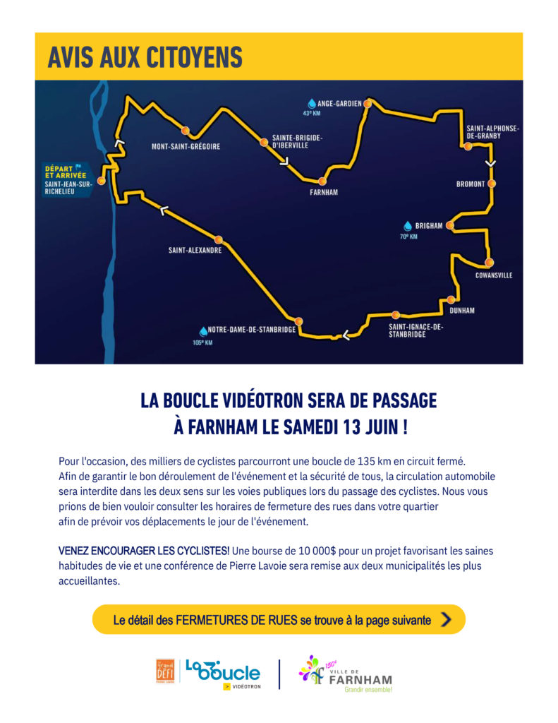 Map of a cycling loop route highlighted in yellow on a dark blue background, with towns labeled along the path and a bold banner 'AVIS AUX CITOYENS' at the top.