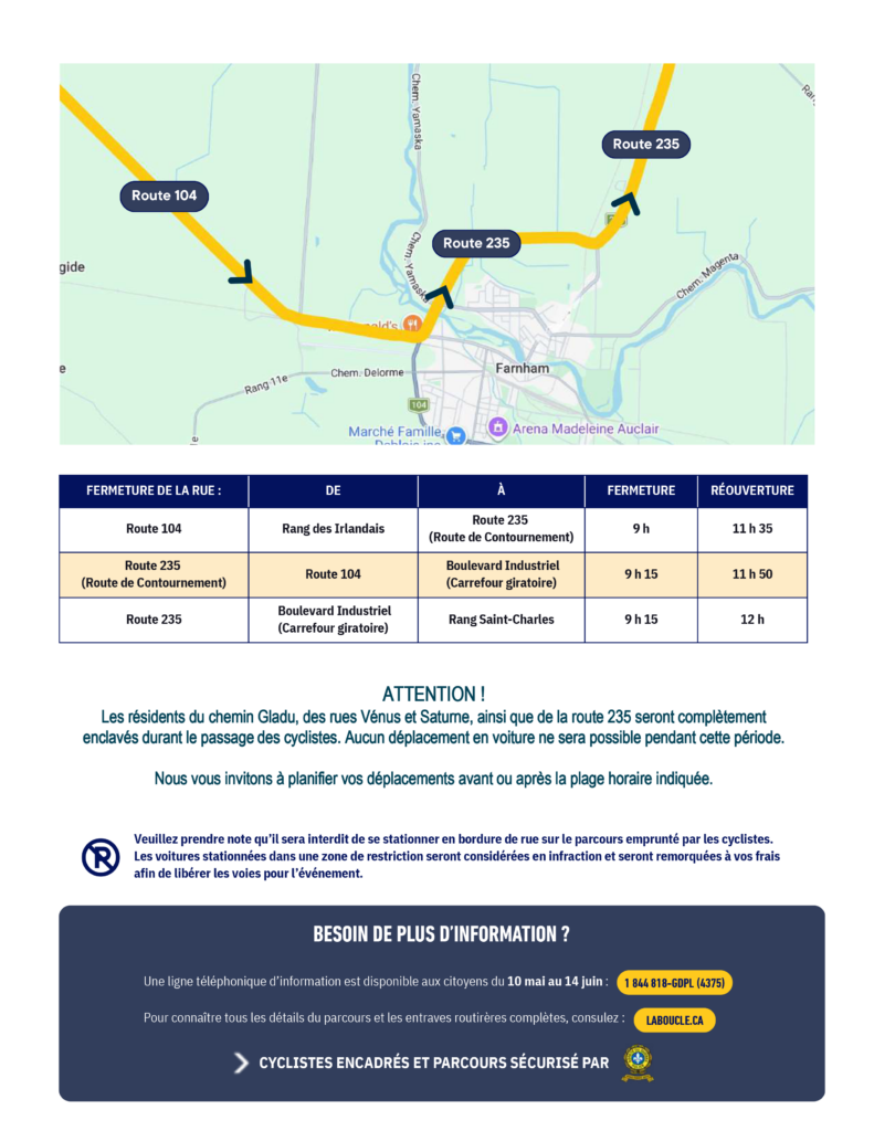 Map highlighting road closures on Route 104 and Route 235 near Farnham with detour routes shown by arrows.