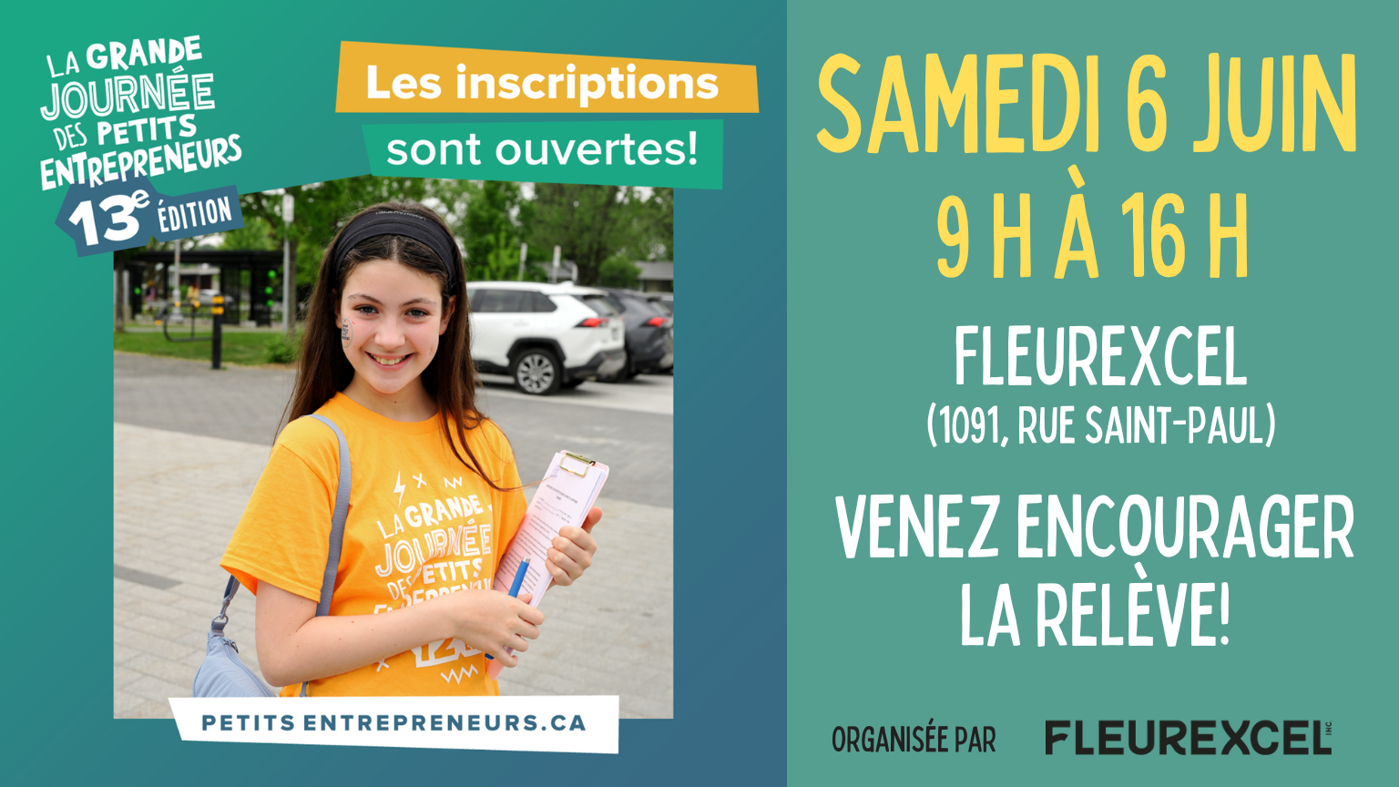 Promotional poster for La Grande Journée des Petits Entrepreneurs: smiling girl in an orange T‑shirt holding papers, with event details on a teal background on the right side and a logo at the bottom left.