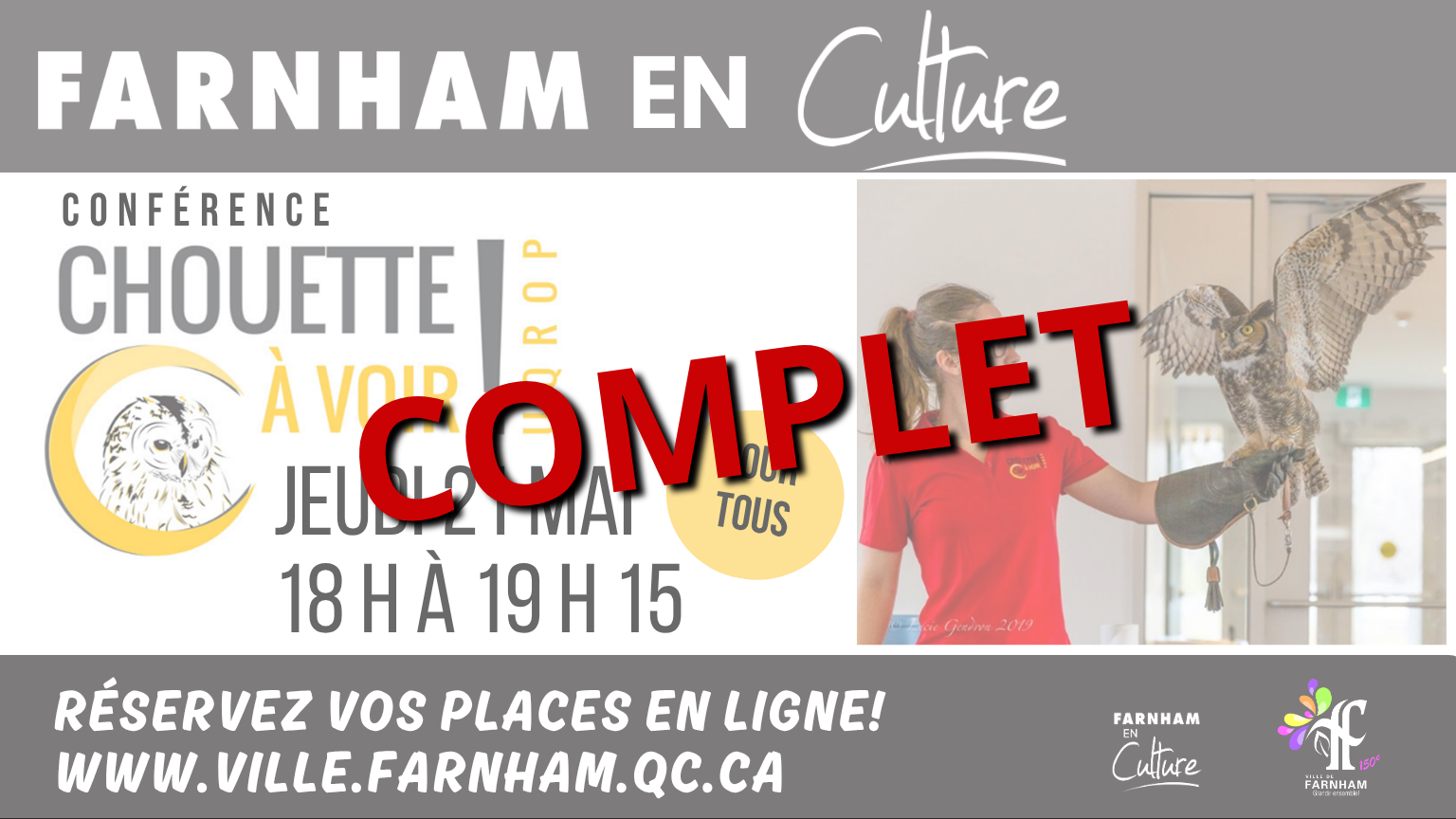 Banner for Farnham en Culture conference with an owl graphic, a person handling an owl, and a bold red 'COMPLET' overlay; booking URL at bottom left.