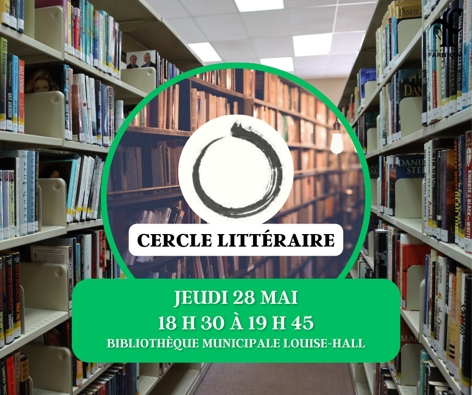 Library poster for Cercle Littéraire: event on Thu May 28, 18:30–19:45 at Bibliothèque Municipale Louise-Hall; circular logo centered with green banner