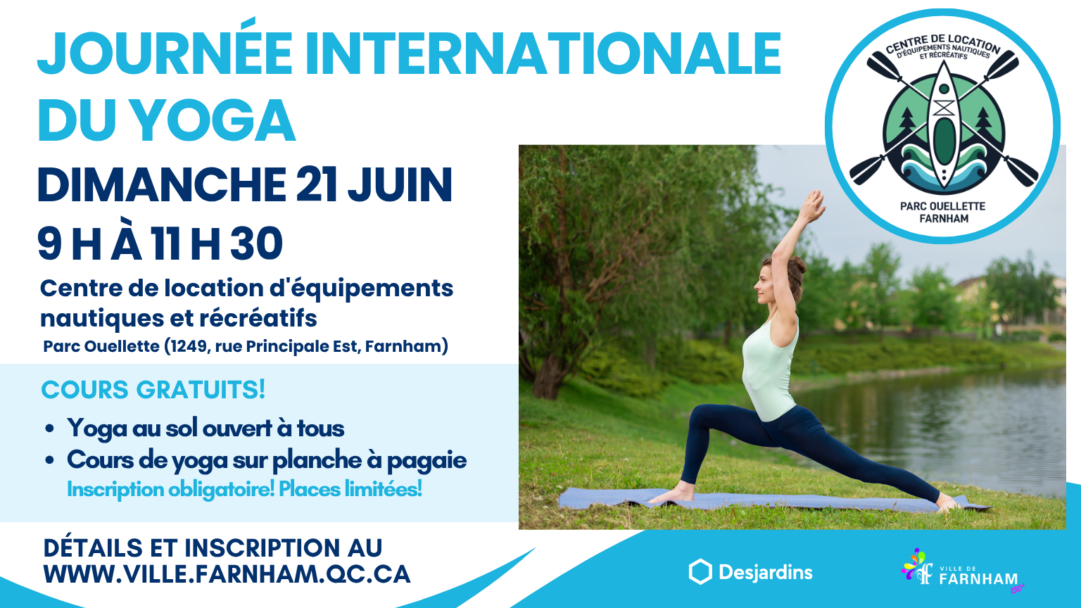 Poster for International Yoga Day: a woman in a lunge yoga pose by a lake, with a circular logo in the top-right.