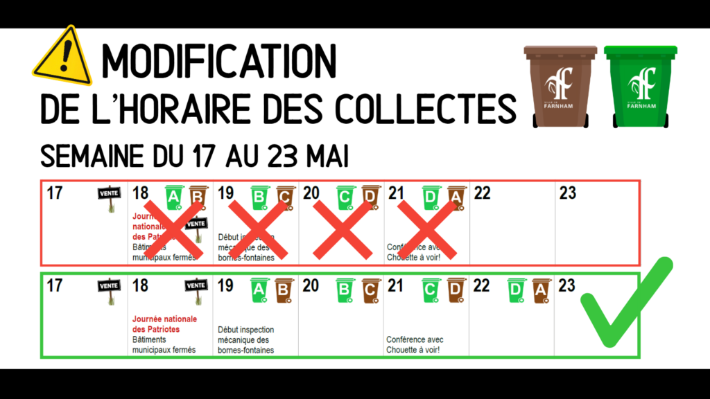 Modification de l&rsquo;horaire des collectes semaine du 17 au 23 mai