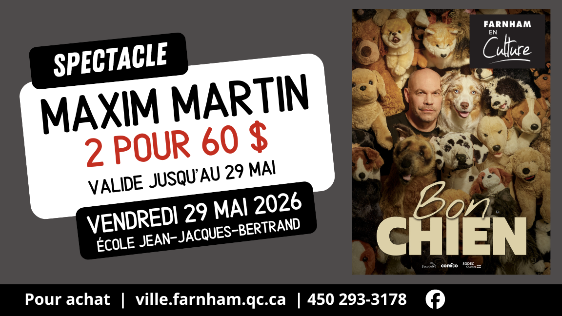 Two posters: left advertises Maxim Martin show, 2 for 60$, May 29, 2026; right is 'Bon Chien' dog collage.