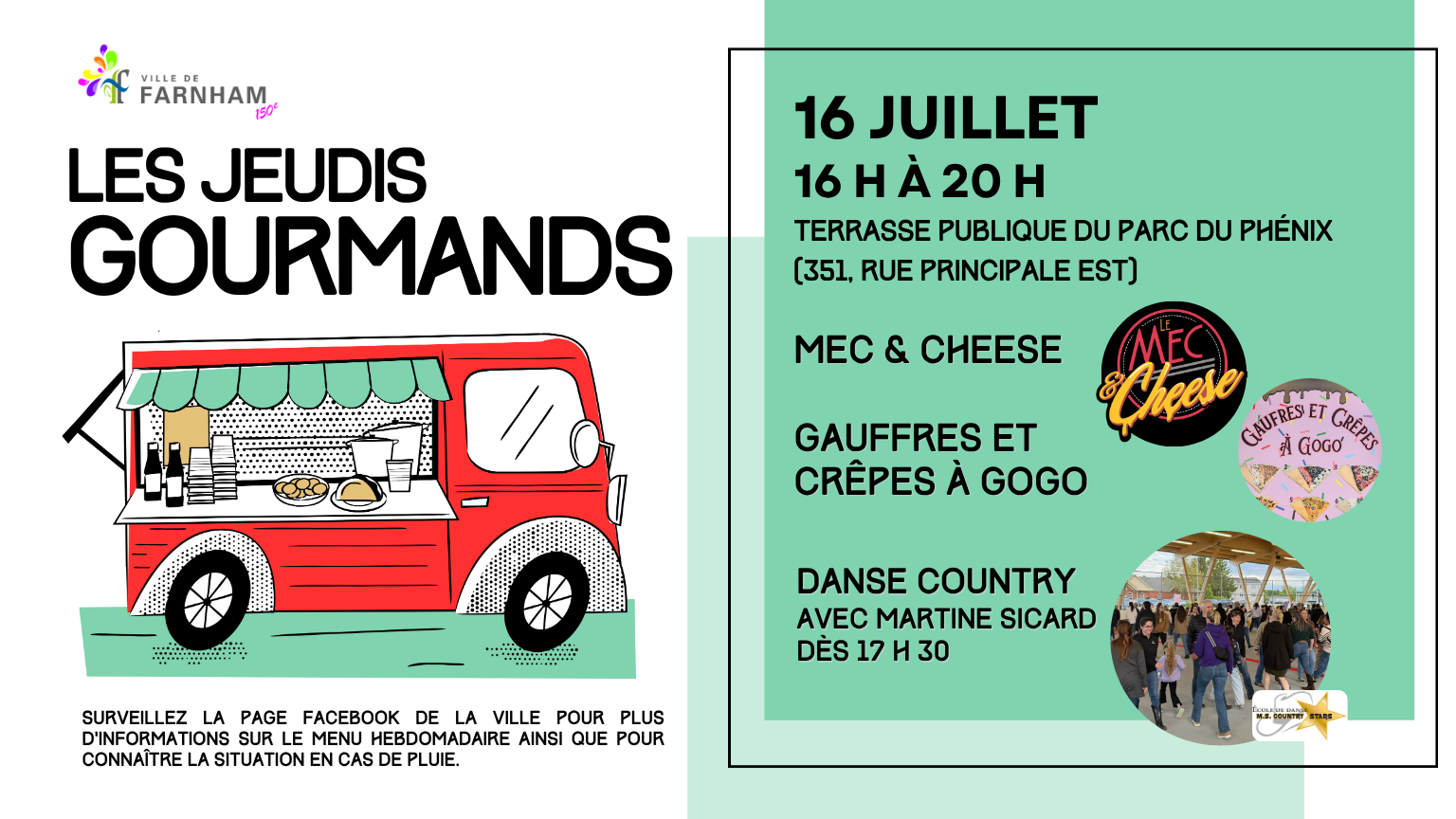Poster advertising Les Jeudis Gourmands: a red food truck illustration on the left and a mint info panel on the right with date, time, location and vendors.