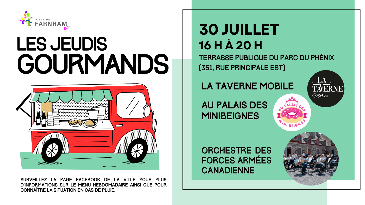 Poster advertising Les Jeudis Gourmands with a red food truck illustration on the left and a teal event panel on the right detailing date, time, and performers.