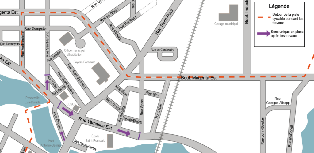 City map excerpt showing a temporary cycling detour (orange dashed line) through streets labeled Rue Yamaska Est and nearby roads; legend explains detour and one-way arrows in purple.