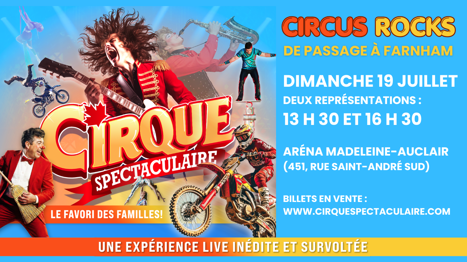 Colorful Cirque Spectaculaire poster with performers on the left and a blue information panel on the right listing date and venue (French).