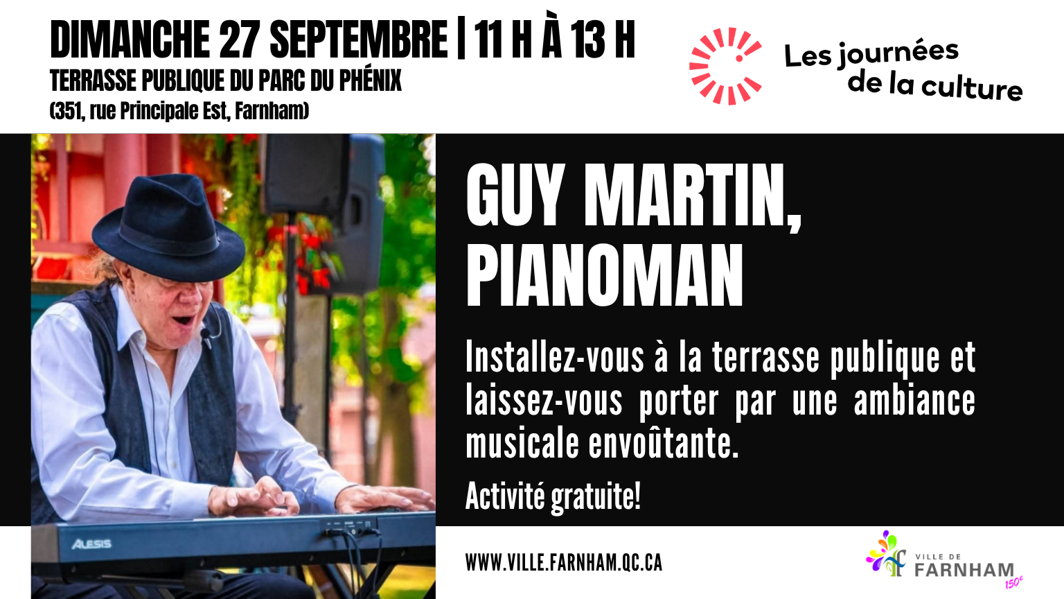 Event poster for Les journées de la culture: pianist Guy Martin (Pianoman) performing on a public terrace with bold French text detailing the date and location.